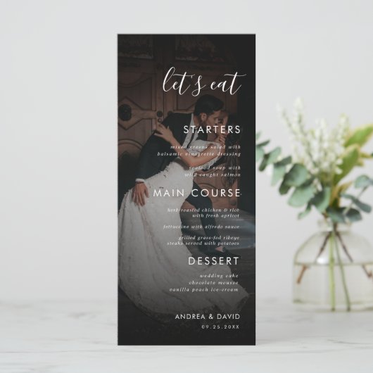 暗い色あせたフォトフェージングオーバーレイ食べズ結婚ズ メニュー (スタンド正面)