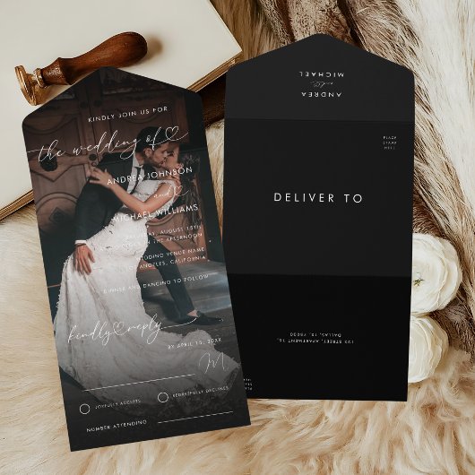 暗い色あせたフォトロマンチックなハート結婚スクリプト オールインワン招待状