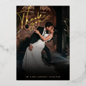 暗い色あせた写真ロマンチック黒ありがとう結婚。 箔招待状 (正面)