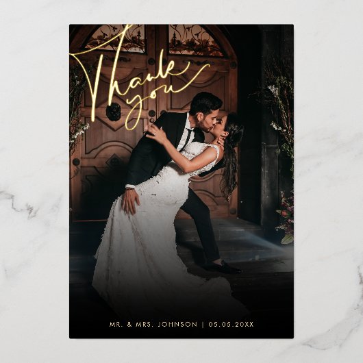 暗い色あせた写真ロマンチック黒ありがとう結婚。 箔招待状 (正面)