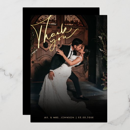 暗い色あせた写真ロマンチック黒ありがとう結婚。 箔招待状 (正面/裏面)