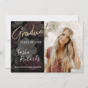 暗い花模様モダンの卒業発表 案内状