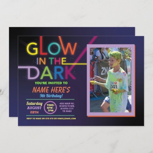 暗い誕生日で輝くダ絵を描ンスパーティー写真 招待状 (正面/裏面)