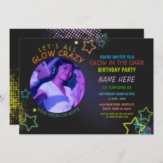 暗い誕生日で輝くネオンパーティー写絵を描真 招待状 (正面/裏面)