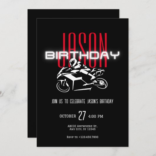 暗い誕生日のオートバイをグロー 招待状 (正面/裏面)