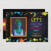 暗い誕生日パーティーで輝こう写真ネオン 招待状 (正面/裏面)