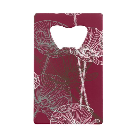 暗い赤に手描きのケシ クレジットカード栓抜き (正面)