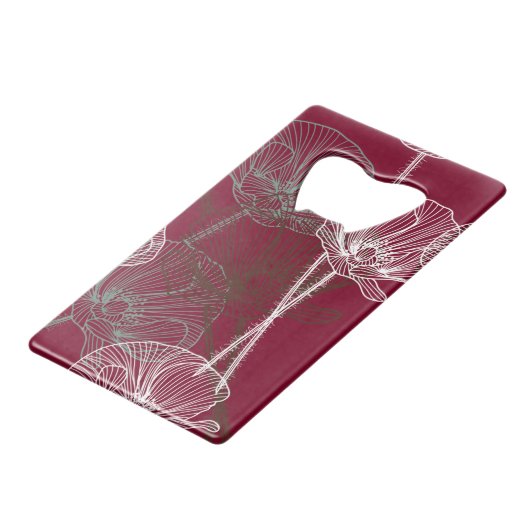 暗い赤に手描きのケシ クレジットカード栓抜き (正面アングル)