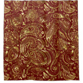 暗い赤の背景に光沢のある金ゴールドペイズリー シャワーカーテン (正面)