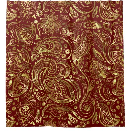 暗い赤の背景に光沢のある金ゴールドペイズリー シャワーカーテン (正面)