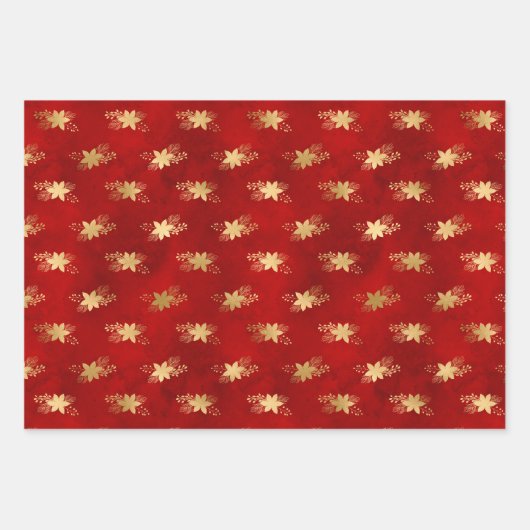 暗い赤エレガント金ゴールド箔クリスマスポインセチア ラッピングペーパーシート (正面)