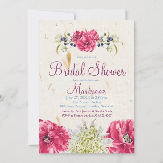 暗い赤紫色とアイボリーフローラブライダルシャワー招待状 招待状 (正面)