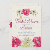 暗い赤紫色とアイボリーフローラブライダルシャワー招待状 招待状 (正面/裏面)