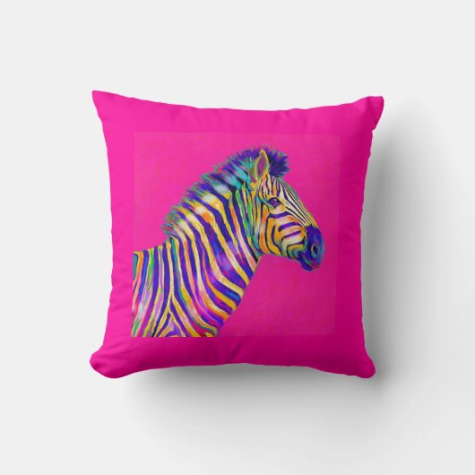 暗い赤紫色のピンクの枕を持つ虹のシマウマ クッション (正面)