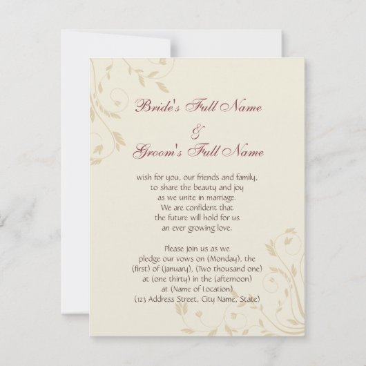 暗い赤紫色のラッパスイセンおよびムギ 招待状 (裏面)