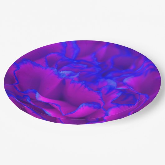 暗い赤紫色はっきりしたピンクと青のカーネーションの花 ペーパープレート (アングル)