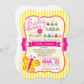 暗い赤紫色ピンクと黄色の蝶ガールベビーシャワー 招待状 (正面/裏面)