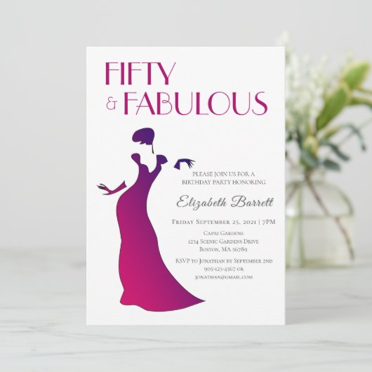 暗い赤紫色ピンクエレガントフィフティアンドファブラス誕生日 招待状 (スタンド正面)