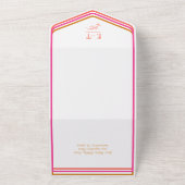 暗い赤紫色ピンクコーラル+オレンジはっきりしたレトロ結婚ズ オールインワン招待状 (外側)