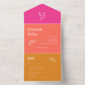 暗い赤紫色ピンクコーラル+オレンジはっきりしたレトロ結婚ズ オールインワン招待状 (内側)