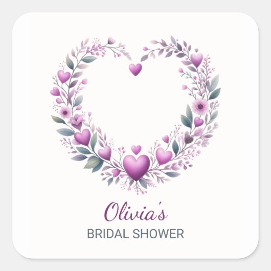 暗い赤紫色ピンクフローラハートブライダルシャワー招待 スクエアシール (正面)