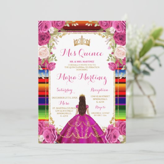 暗い赤紫色ピンクフローラプリンセスガールキンセアニラ 招待状 (スタンド正面)