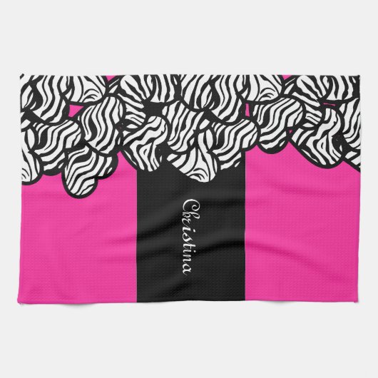 暗い赤紫色ピンク白黒ゼブラパターンハート名 キッチンタオル (横)