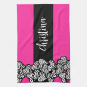 暗い赤紫色ピンク白黒ゼブラパターンハート名 キッチンタオル (縦)