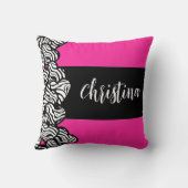 暗い赤紫色ピンク白黒ゼブラパターンハート名 クッション (裏面)