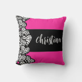 暗い赤紫色ピンク白黒ゼブラパターンハート名 クッション (正面)