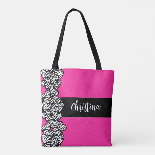 暗い赤紫色ピンク白黒ゼブラパターンハート名 トートバッグ (裏面)
