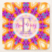 暗い赤紫色ピンク金ゴールドモノグラム紙コースター スクエアペーパーコースター (正面)