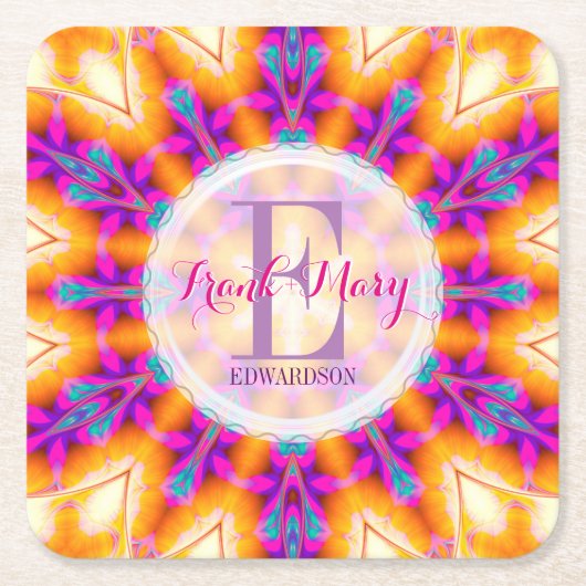 暗い赤紫色ピンク金ゴールドモノグラム紙コースター スクエアペーパーコースター (正面)