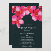 暗い赤紫色フローラと黒結婚式招待状 招待状 (正面/裏面)