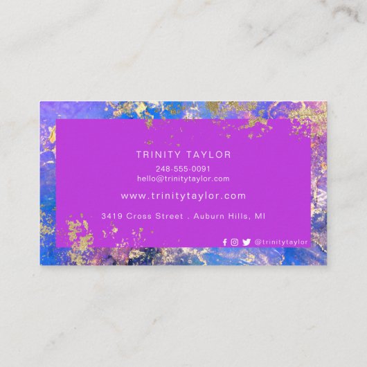 暗い赤紫色ブルーマーブルインク&ゴールドフォイル  名刺 (裏面)