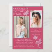 暗い赤紫色モダンバタフライ写真卒業パーティー 招待状 (正面)