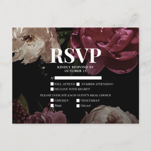 暗い赤面バーガンディ食事の選択肢ウェディングRSVP インビテーションポストカード (正面)