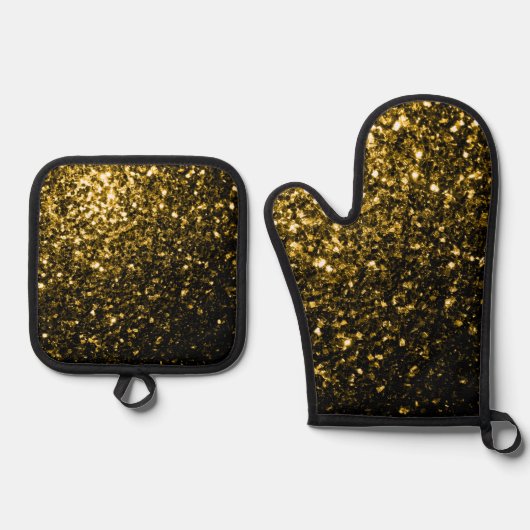暗い金ゴールドフェイクグリッター 鍋つかみ&鍋敷きセット (正面)