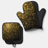 暗い金ゴールドフェイクグリッター 鍋つかみ&鍋敷きセット (正面/裏面)