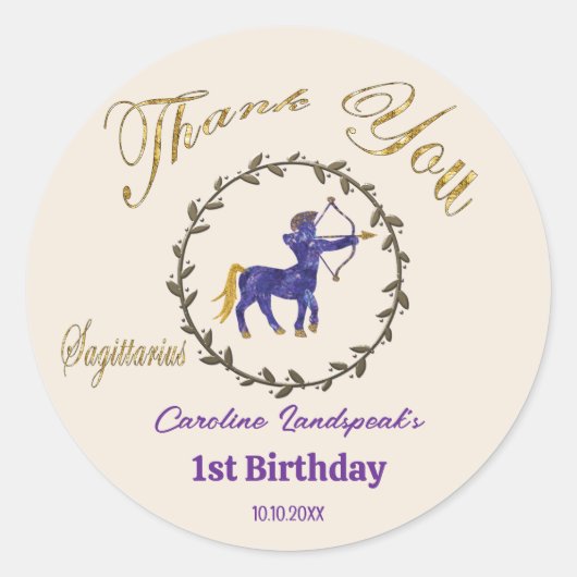 暗い金ゴールドフローラエンボス射手座〔占星術の〕十二宮図 ラウンドシール (正面)