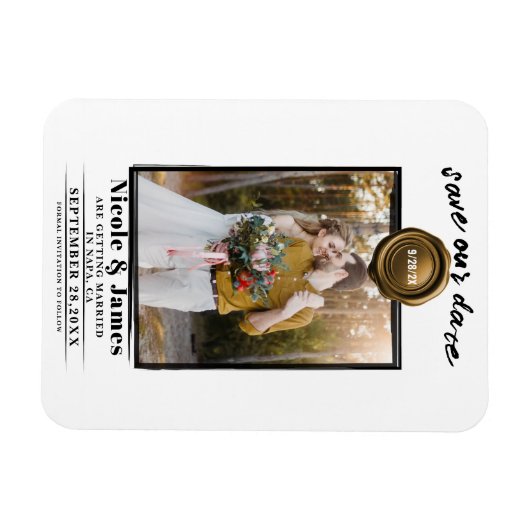 暗い金ゴールドワックスシール写真ウェディング日付を保存 マグネット (横)