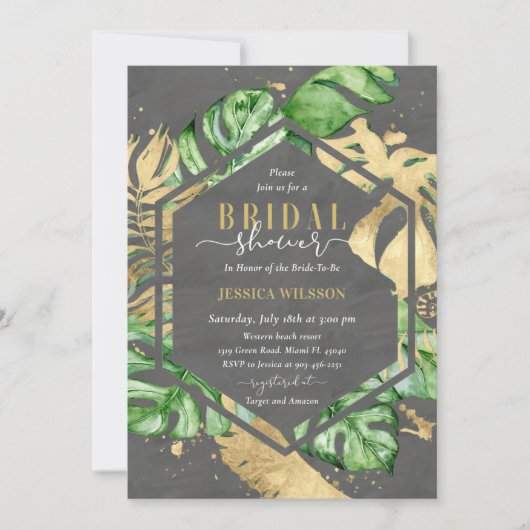 暗い金ゴールド熱帯ブライダルシャワー招待 招待状 (正面)