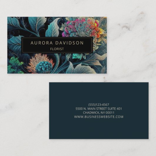 暗い開花水色ティール（緑がかった色）フローラリーフ 名刺 (正面/裏面)