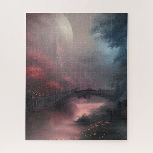 暗い霧の夜の橋と城 ジグソーパズル (縦)