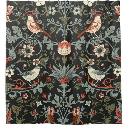暗い魔法のかかったヴィンテージの花と鳥のシームレスさ  シャワーカーテン (正面)
