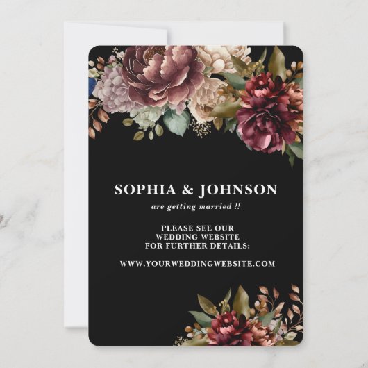 暗い黒い素朴なフローラカップルの結婚写真 セーブザデート (裏面)