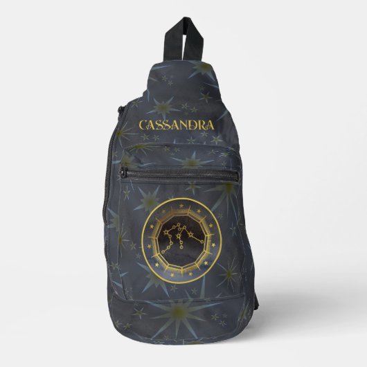 暗い〔占星術の〕十二宮図占星術:アクエリアス黒い金ゴールド名 スリングバッグ (正面)
