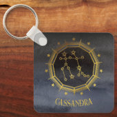 暗い〔占星術の〕十二宮図占星術：ジェミニ黒い金ゴールド名 キーホルダー (正面)
