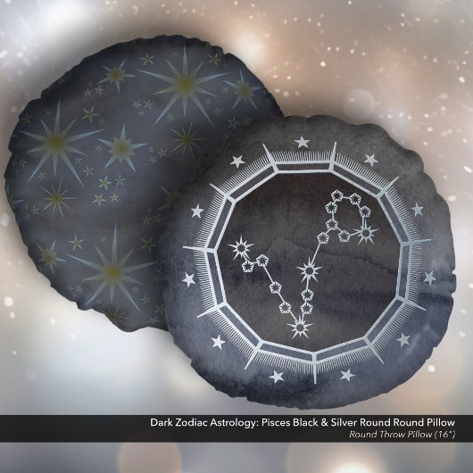 暗い〔占星術の〕十二宮図占星術:ピセスブラック&シルバー ラウンドクッション