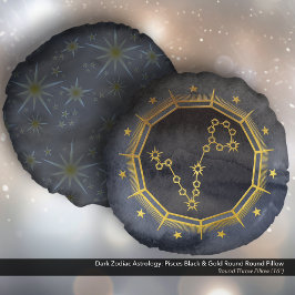 暗い〔占星術の〕十二宮図占星術：ピセスブラック&金ゴールド ラウンドクッション